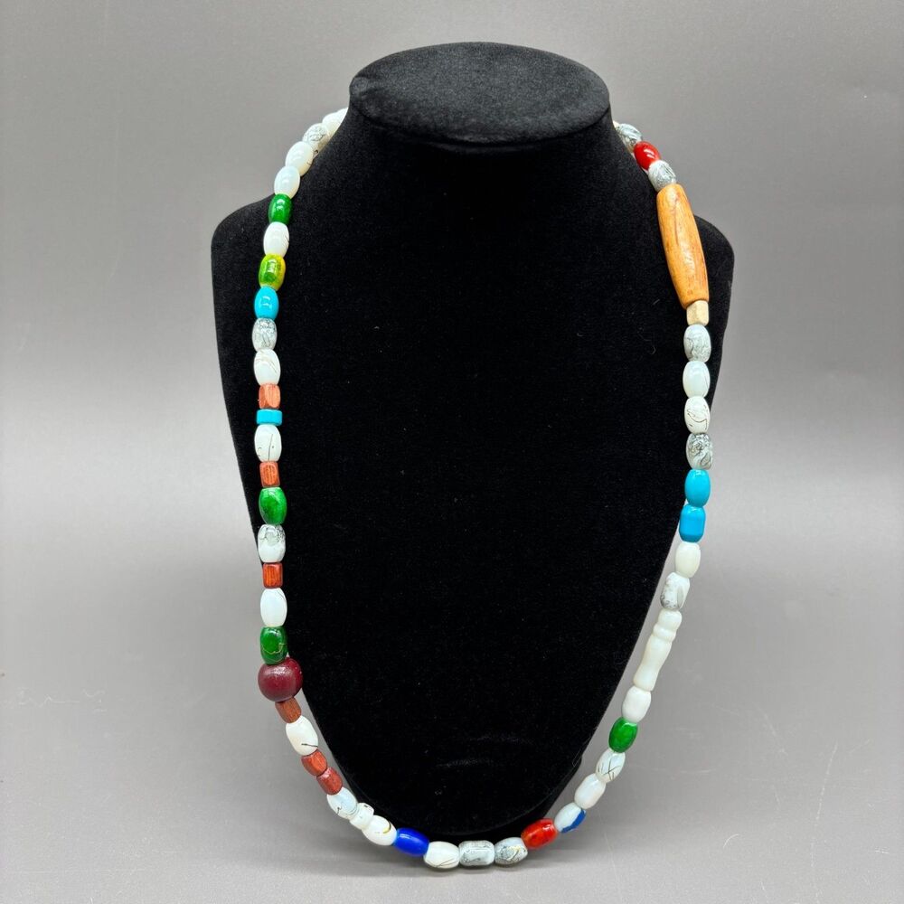 Vintage Boho 1970s Glass and Wood Bead Necklace Marbled Multicolor Artisan 24"